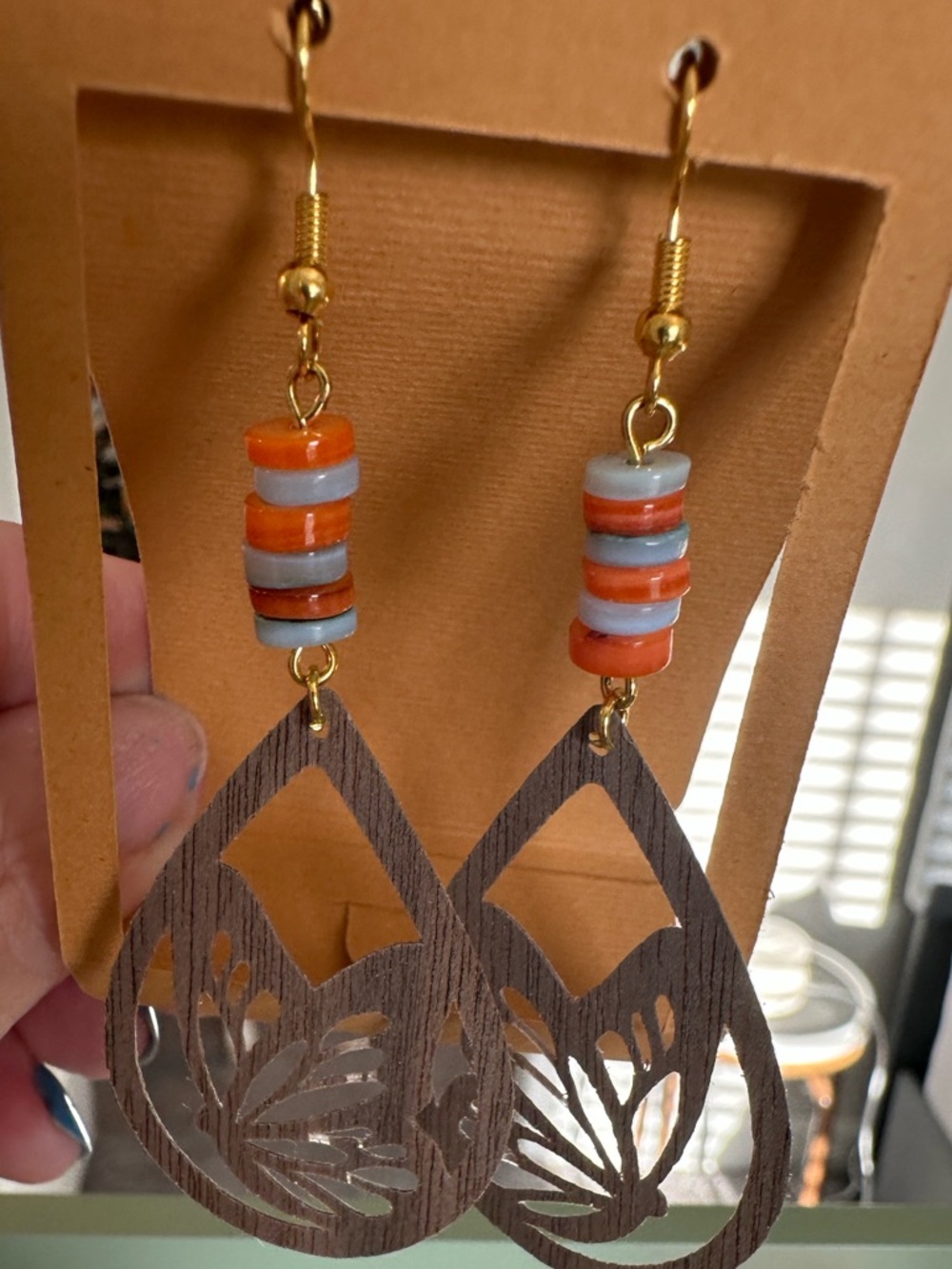 Wood Teardrop Earrings with Orange & Gray Beads - Women's Accessories